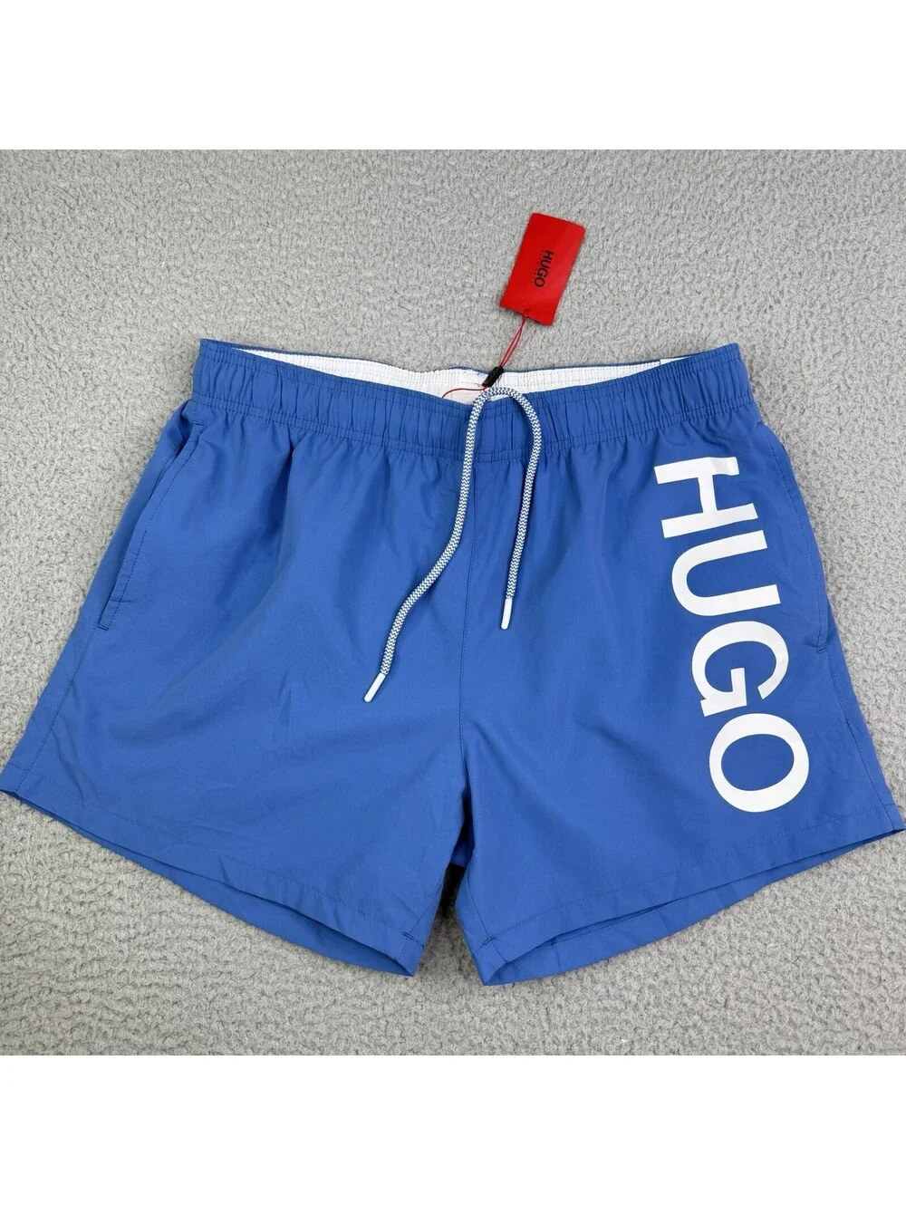 HUGO Men's Swim Trunks Blue White Logo Elastic Waist Mesh Lined Size L